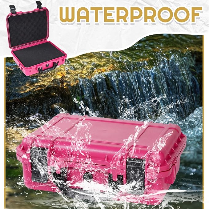 Relaxweex 1 Pcs 14.3 x 11.4 x 4.5 Inch Waterproof Hard Case with DIY Customizable Foam Insert Portable Protective Case with Knife for Camera Drones Equipments Tools Test Instruments(Rose Red)