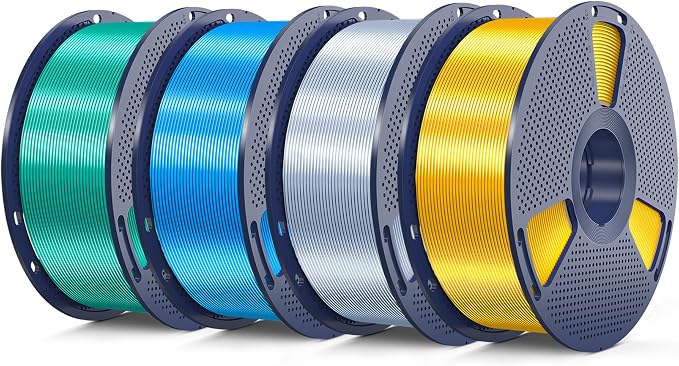 3D Printer Silk Filament, SUNLU Shiny Silk PLA Filament 1.75mm, Smooth Silky Surface, Great Easy to Print for 3D Printers, Dimensional Accuracy +/- 0.02mm, Silk Light Gold+Silver+Blue+Green 4KG