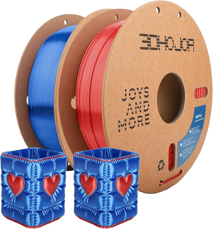 3DHoJor Silk PLA Filament 1.75mm, PLA Filament 1.75mm Silk Shiny 3D Printer Filament, 1kg*2 Cardboard Spool, Dimensional Accuracy +/- 0.03 mm, Fit Most FDM Printer(Silk Red+Blue)