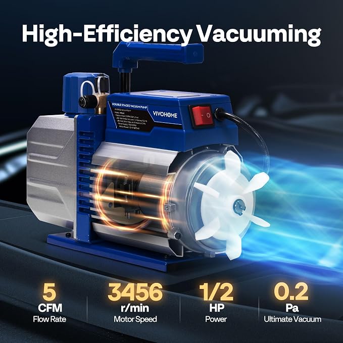 VIVOHOME 110V 1/2 HP 5CFM Dual Stage HVAC Vacuum Pump and 4 Way AC Manifold Gauge Kit, Sparkless Motor for R32 R1234yf R454B R134a R22 R410a Systems, Automotive Air Conditioner Maintenance