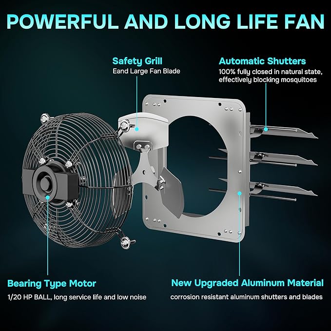 iPower 14 Inch Wall Mounted Shutter Exhaust Fan with Temperature Controller and Power Cord Kit, Aluminum, 1600 RPM, 1000 CFM, for Attic, Garage, Louvered Vent, Plant, Greenhouse, Silver