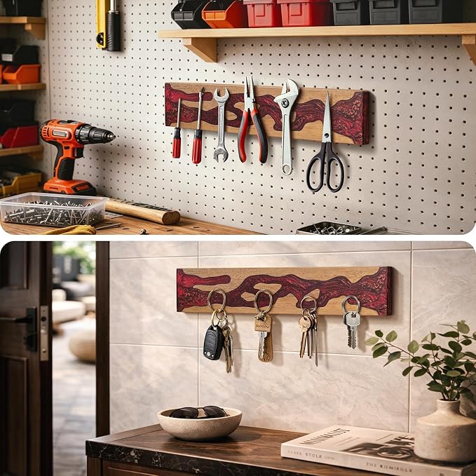 FINDKING Magnetic Knife Strip for Wall, Solid Acacia Wood with Deep Red Resin Inlay, Wall-Mounted Knife Holder with Strong Magnetic Hold, No-Drill Adhesive Mount (18 Inch)
