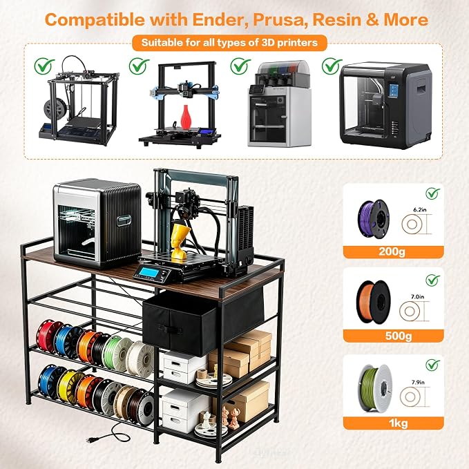 3D Printer Stand with Filament Storage Rack, Heavy Duty Metal Frame Workstation, 3-Tier 3D Printer Table with Tool Shelf for Stable Printing, Home Office Workshop Garage