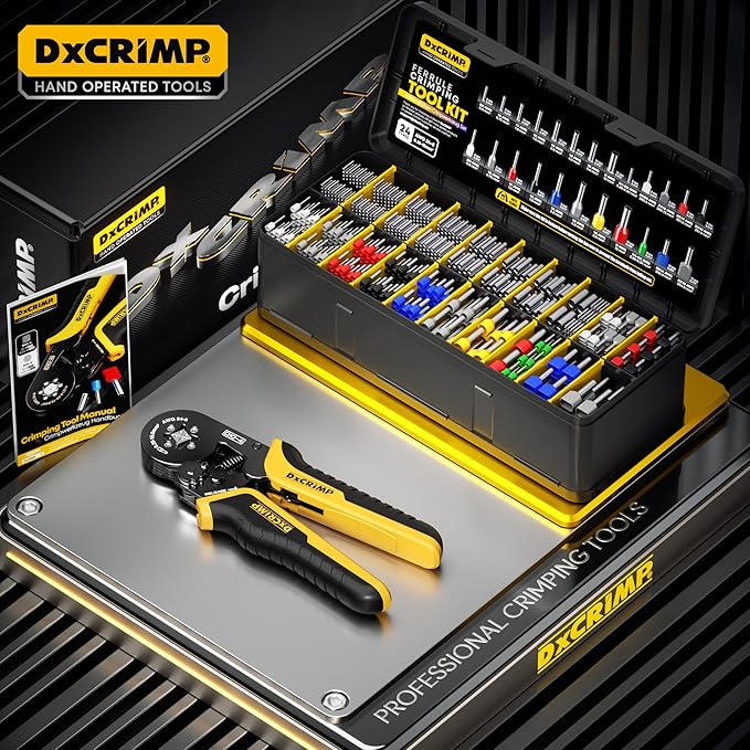Ferrule Crimping Tool Kit, AWG 24-8 (0.25-10mm²) Ratchet Crimper, 24 Types Insulated, Uninsulated & Twin Wire Ferrules - for DIY Electrical, Control Panels, Car | Complete kit: Self-adjusting crimper for uninsulated/insulated ferrules. Ideal for DIY el...