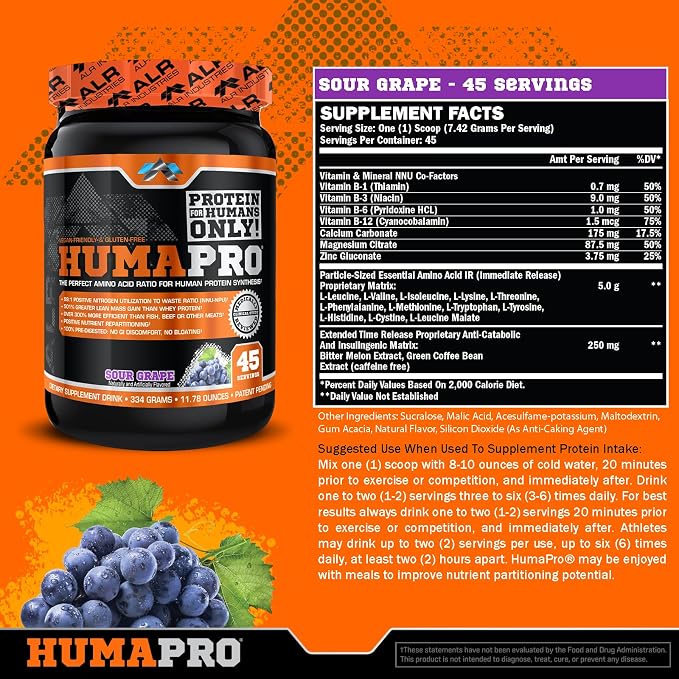 ALR Industries Humapro | Amino Acids Protein Matrix for Humans | 99% Utilization for Lean Muscle | Vegan, Gluten Free | 45 Servings (Sour Grape)