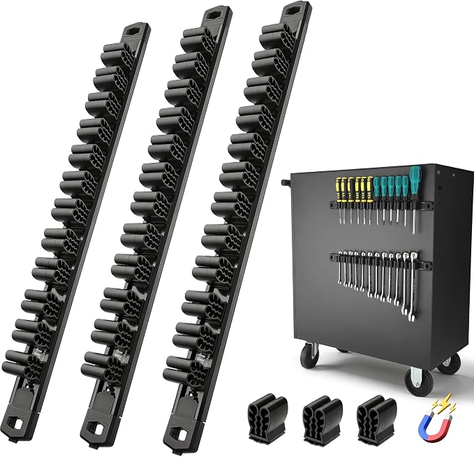 Reniteco 3-Piece Magnetic Screwdriver Organizer and Magnetic Wrench Organizer, Aluminum Rail Tool Holder, 36 Removable Clips, Fits Screwdrivers, Wrenches & Hand Tools, Dual Mount, Tools Not Included
