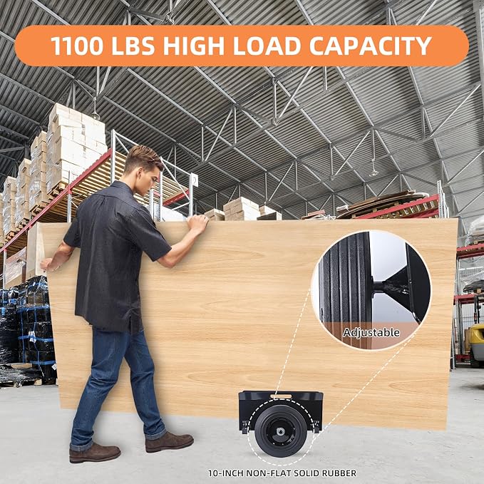 Heavy Duty Panel Dolly 1100LBS Capacity Door Cart with 10" Solid Rubber Wheels,Adjustable Clamp Panel Cart with Handle, All Terrain Slab Dolly for Drywall Sheet Heavy Material-Black