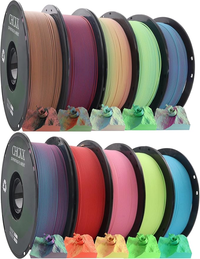Matte PLA 3D Printer Filament Bundle, 10 Rolls, Dimensional Accuracy +/- 0.02 mm, 1kg (2.2lbs), 1.75 mm Matte Dual Color and Tricolor PLA Filament for Most FDM 3D Printers