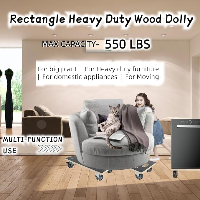 Furniture Dolly 4 Wheels, Furniture Movers, 2 Packs 2200 lb Load Capacity Heavy Duty Wood Dolly, Multifunctional Moving Dolly with 4 Soft Rubber Silent Wheels （2 with Brake+ 2 Without）
