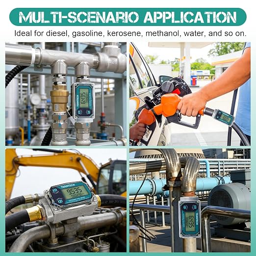 1Pack 1 in Digital Turbine Fuel Flow Meter with 3/4 in Adapters, High Accuracy Diesel Flow Meter with NPT Counter, Digital LCD with 5 Units, Auto Shut Off, for Gasoline/Kerosene/Water