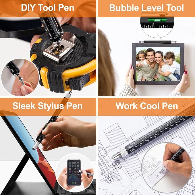 Magnetic Pickup Tool and 6 in 1 Multitool Pen with Touch Screen Stylus, Rulers, Bubble Level, Flathead, Phillips Screwdriver, Ballpoint Pen, Fathers Day Dad Gifts, BIrthday Gifts for Men, Dad, 2Pack