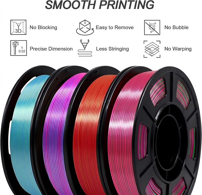 YOUSU Silk Dual Color PLA Filament 3D Filament Coextrusion PLA Multicolor PLA Filament 1.75mm (± 0.02 mm) Compatible with Most of 3D Printer, 250g*4 Color Pack
