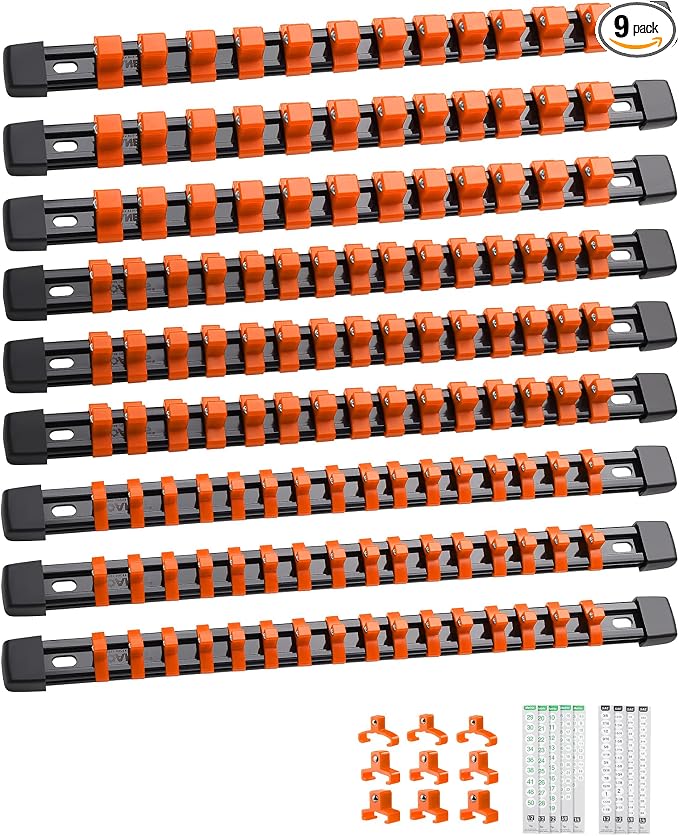 ALOANES 9PC Socket Organizer, Socket Rails Fit 1/2", 1/4" and 3/8" Drive | Heavy Duty ABS Socket Holders Hold up 129 Sockets for Mechanics Toolbox Drawer Bags(Orange)
