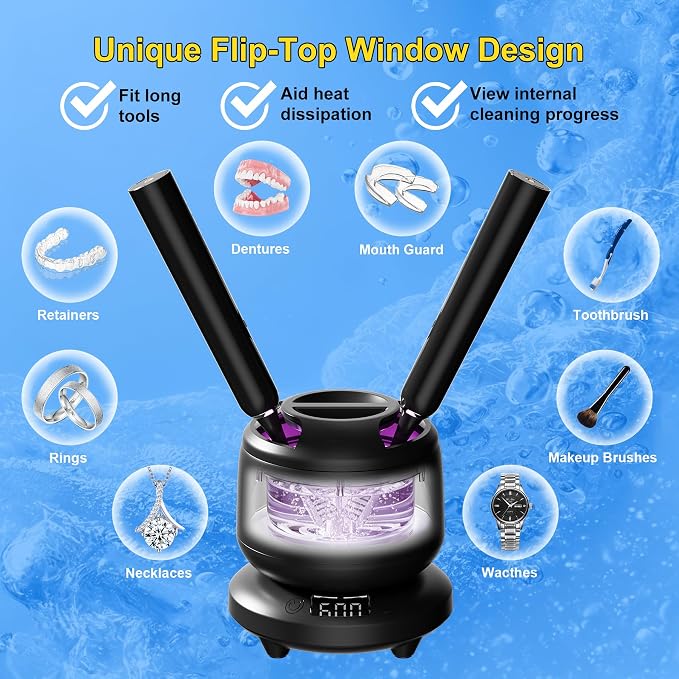 2026 Ultrasonic Retainer Cleaner Machine, Removable Base and Top Cover Black | 12 Months Warranty, 6.1OZ Container, 42000Hz, Low-noise, Fits Long Beauty Tools, Deep Cleaning without Scratching / Deforming