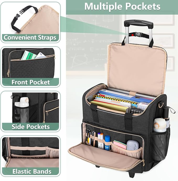 LUXJA Rolling Teacher Bag with Laptop Compartment and Detachable Dolly, Multifunctional Rolling Teacher Tote Bag (Patent Pending), Black
