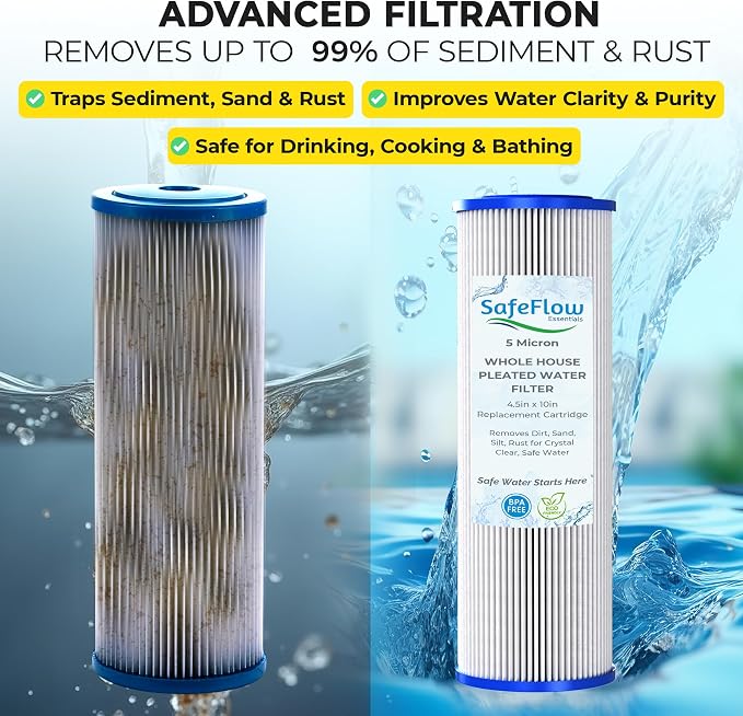 10" x 4.5" 5 Micron Whole House Pleated Sediment Filter for Well Water – Replacement Cartridge for GE FXHSC, Culligan R50-BBSA, Pentek R50-BB, DuPont WFHDC3001, W50PEHD, GXWH40L (10 x 4.5in, 2, Count)