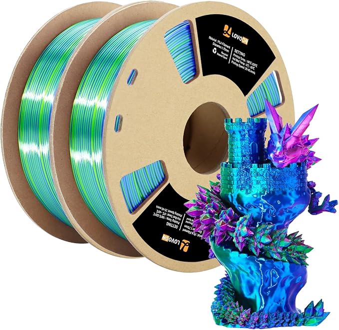 LOVOON Silk PLA 3D Printing Filament Bundle 2KG, PLA Filament 1.75mm Shiny Tricolor Pack Fast Color Change 3D Printer Filament, Get 2 Spools of Silk Blue/Green/Red, 1KG X 2 Spools