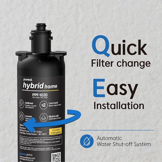 Pureal Under Sink Sediment Water Filter Replacement Cartridge, Alkaline Ceramic with Mineral, NSF/ANSI 42&372 Certified, Improves pH Balance, 5,000 Gallons, 10-Inch, Made in Korea (PPF-1020)