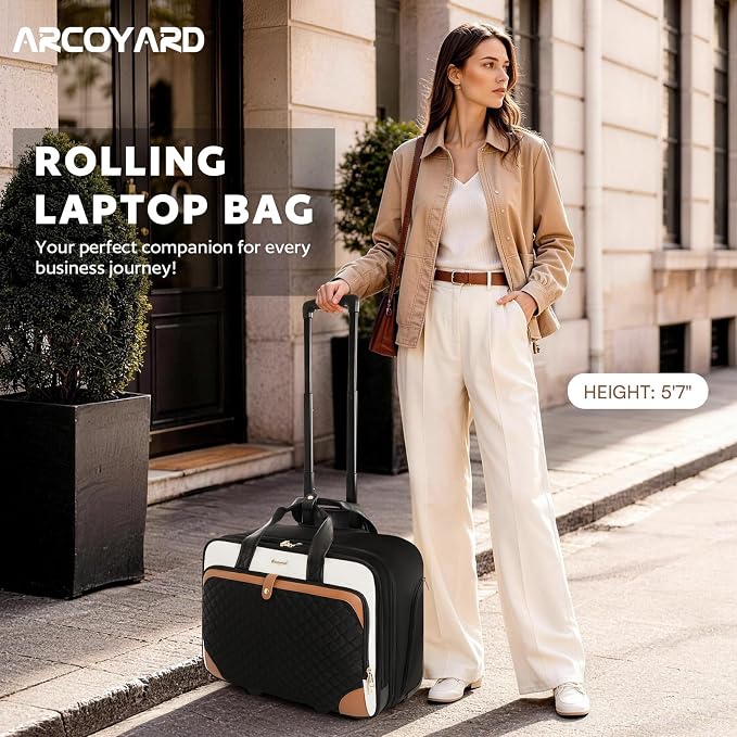 Arcoyard Rolling Laptop Bag for Women, 17.3 Inch, Beige Brown | Large Rolling Briefcase, Waterproof Pocket, Computer Bag with Wheels, For Office Travel Business Teacher Commute