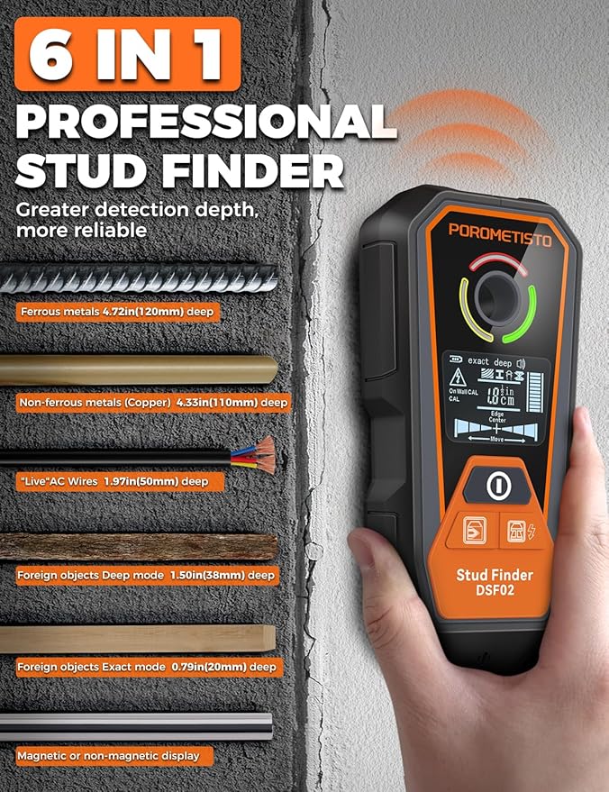 Rechargeable 6 in 1 Stud Finder Wall Scanner POROMETISTO, Positioning Hole for Pipe Wood Studs, Live Wire Detector for Electricians, Ferrous Metals Non-Ferrous Metals, Alarm Wall Detector
