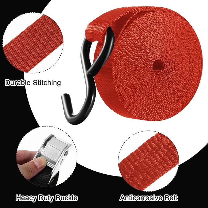 Riakrum 16 Pcs Cambuckle Tie Down Straps 1763lbs Break Strength Securing Straps 1'' x 15 ft Cambuckle Tie Downs with S Hook for Motorcycle, Kayak, Car, Truck, Boat Moving, Securing Cargo (Red)
