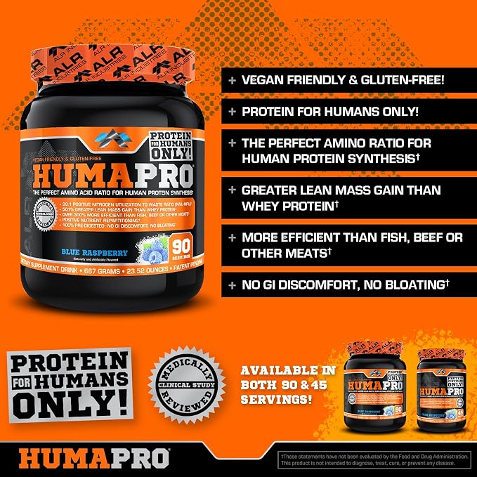 ALR Industries HumaPro Essential Amino Acid Formula | EAA Protein Supplement | Supports Muscle Recovery & Performance | Vegan, Gluten Free | | 90 Servings (Blue Raspberry)