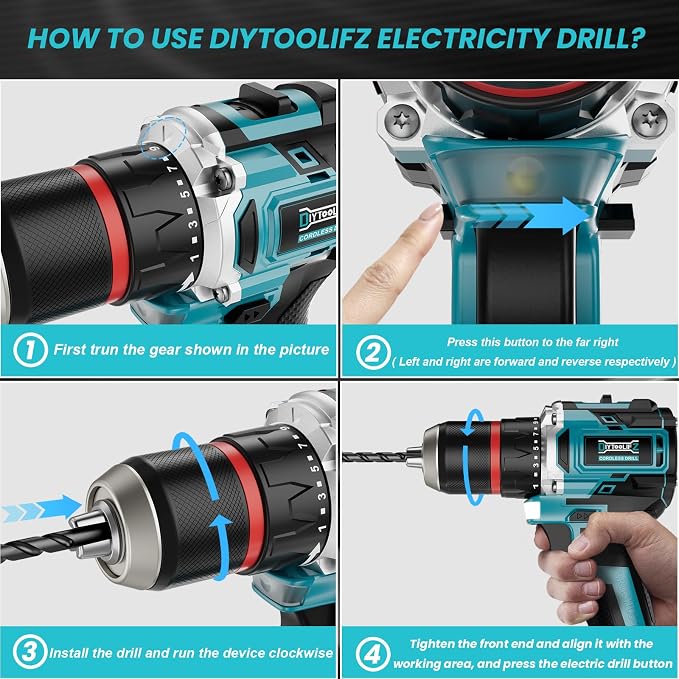 DIYtoolifz Power Drill Cordless Compatible with Makita 18V Battery (Tool Only) 1/2" Brushless Electric Drill Set,440 In-lbs(50N.m) Electric 18V Drills Driver Tool, Variable Speed Mode for Home,Garden