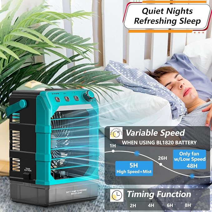 Rozlchar Portable Misting Fan Compatible for Makita 18V Battery, Jobsite Cooling Fan with 1.6L Tank, Stepless Speed & 8H Timer, LED Light, Quiet Airflow for Construction, Camping, Beach(Tool Only)