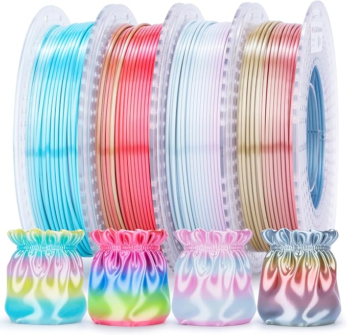 AMOLEN Silk Rainbow PLA Filament 1.75mm, Shiny Multicolor Gradient Color Change, 4-Pack 800g (4×200g) Assorted Colors, Dimensional Accuracy ±0.02mm, NO-Tangle & Low Warping, Fits Most FDM 3D Printers