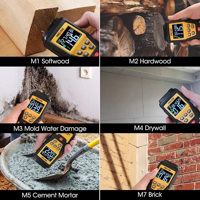 PREXISO 7-in-1 Digital Wood Moisture Meter & PREXISO Multi Surface Laser Level LED Light Vial, 30Ft Horizontal and Vertical Line Laser