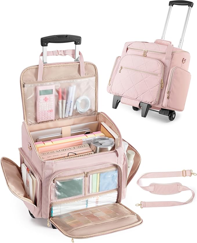 Marscamd Rolling Teacher Bag with 15.6" Laptop Compartment, Wheeled Work Briefcase Tote with Detachable Trolley for Women, Pink