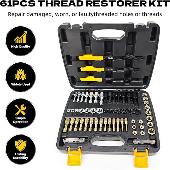 KJE 61Pcs Thread Restorer Kit, Rethreading Kit, UNC, UNF & Metric Thread Chaser Set with Taps, Dies, Thread Files & Pitch Gauges for Repair Damaged Threads Bolts, Nuts and Screws