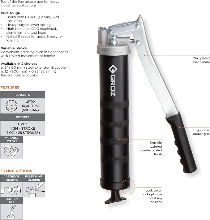 PROLUBE Heavy Duty Lever Grease Gun | 10,000 PSI | 14-Ounce Capacity | Variable Stroke | 6-inch Steel Extension & Coupler (42702)