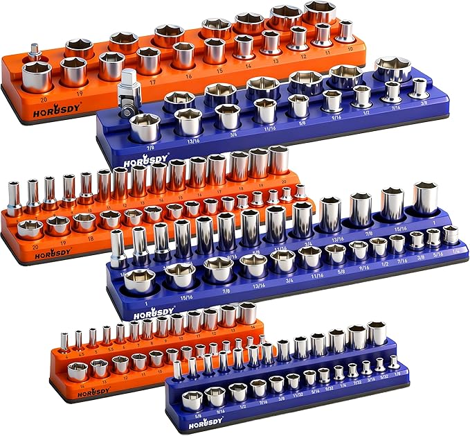 HORUSDY 6-Piece Magnetic Socket Organizer Set, 1/4", 3/8", 1/2" Drive Holders for 143pcs, Magnetic Trays for Socket Storage