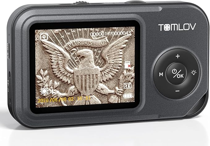 TOMLOV P50 Digital Microscope Handheld: Adjustable Focus Coin Microscope with 2.4" IPS Screen, Trichome Portable Magnifying Glass with Light, Jewelry Loupe for Adults, Windows/Mac Compatible
