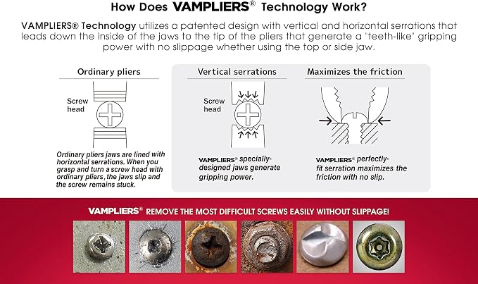 VAMPLIERS 2-PC Screw Extractor Pliers Set. Made in Japan: 7.5” Long Nose + 8" Heavy Duty Linesman Pliers. High Carbon Steel. For Removing Stripped/Rusted/Damaged/Security Screws.