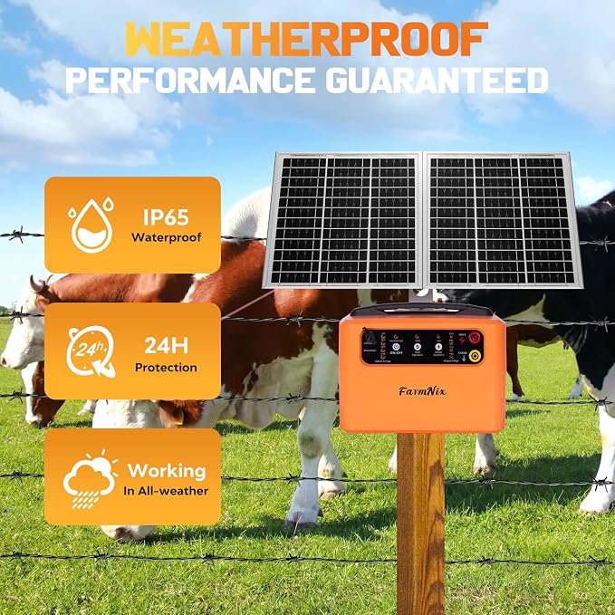 6-12KV Adjustable Output Solar Fence Charger,30 Miles Electric Fence Charger for Livestock,1.5J Solar Charger,15W Solar Electric Fence,24H Protection Solar Powered Electric Fence Kit