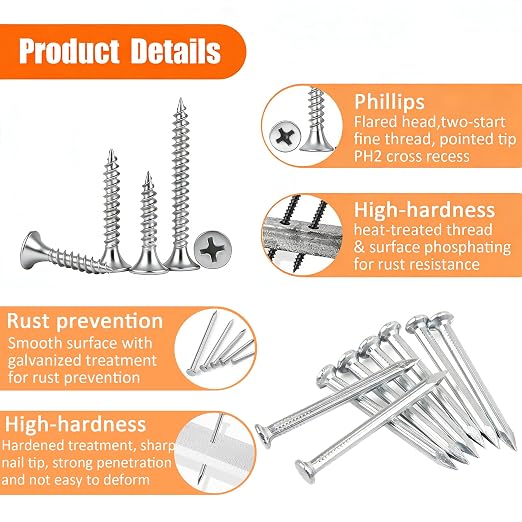 Dianrui Nails & Wood Screws Assortment Kit, 320 PCS #6#8 Philips Drywall Screws Set and High Hardness Hardware Small Nails for Picture Hanging/DIY Repair Project Length 1/2" to 2"