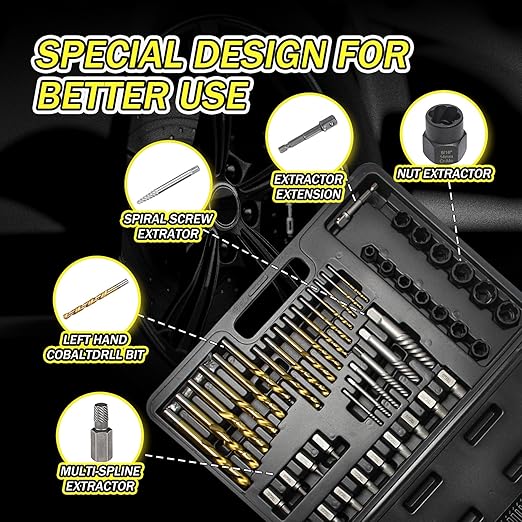 53Pcs Easy Out Screw Extractor Set with Left Hand Drill Bit, Bolt Extractor Kit with Hex Adapter, Stripped Bolt Remover & Reverse Drill Bit for Broken Nuts Screws, Bolts, Studs