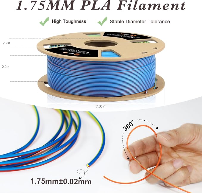 LOVOON Matte Tricolors PLA 3D Printer Filament Multi-Color Changing by Angle Rainbow PLA 3D Printing Filament Fit Most 3D Printers/3D Pens,Matte Orange/Blue/Yellow,1KG(2.2lbs)/Spool