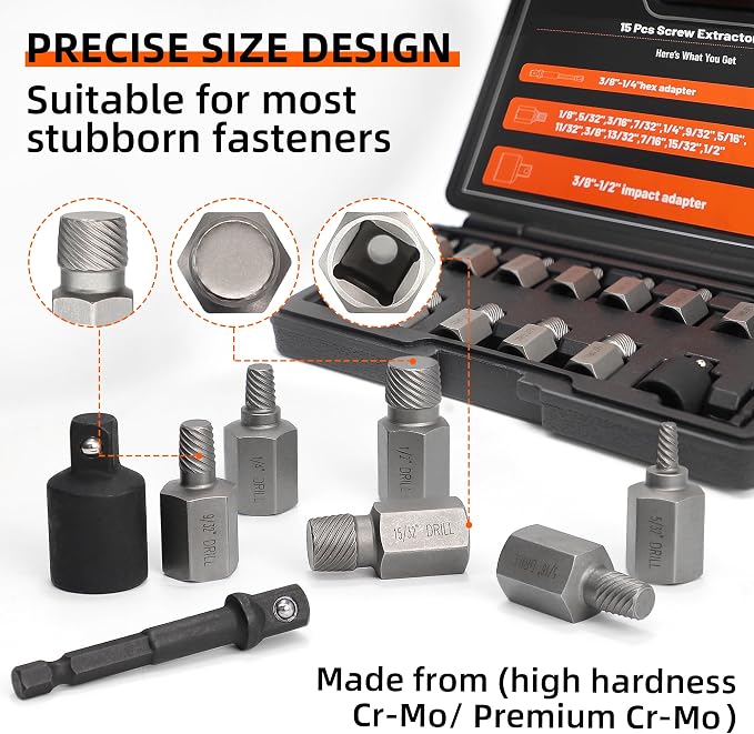 15Pcs Screw Extractor Set, Double Hex Head Multi-Spline Lug Nut Remover, 3/8 Inch Drive Easy Out Bolt Extractor Set for Removing Stripped, Rounded, Damaged, Broken Studs Bolts Screws