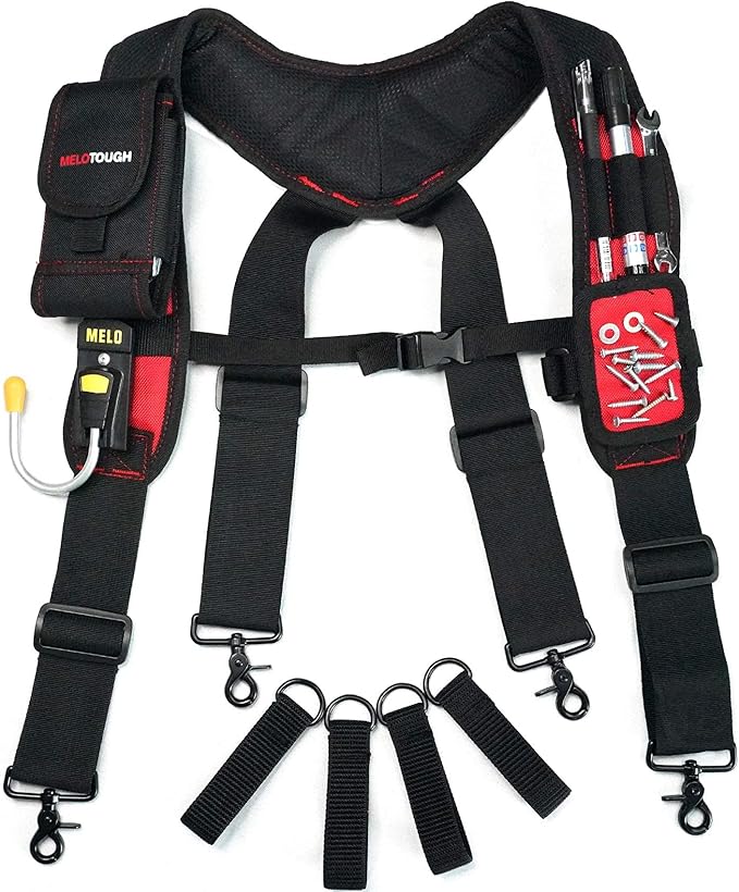 MELOTOUGH 1 PACK Tool Belt with D ring and Strong Durable Double Metal Roller Buckle,Adjustable waist + 1 PACK Magnetic Suspenders Tool Belt Suspenders with Large Moveable Phone Holder