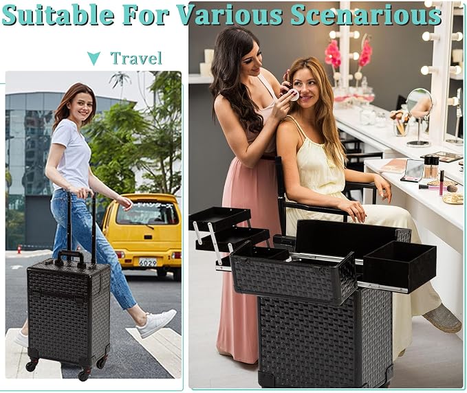 AROUS Rolling Makeup Train Case, Large Storage Cosmetic Trolley with 4 Aluminum Trays, 360 Swivel Wheels, Keys, Traveling Cart Trunk for Nail Technicians Hairstylist, Black