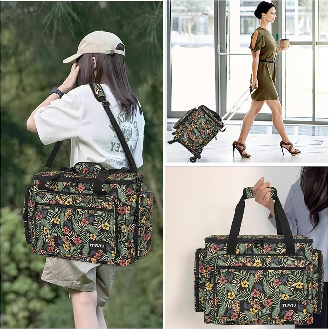 Sewing Machine Case with Wheels, Universal Rolling Trolley Tote with Shoulder Strap & Multiple Storage Pockets Compatible with Most Standard Singer, Brother, Janome, Floral