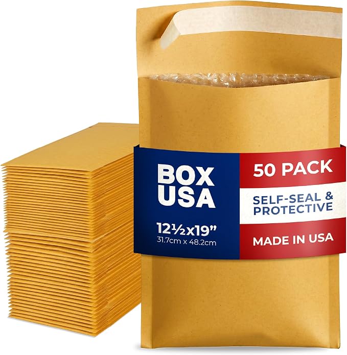 BOX USA 12 1/2 x 19" Kraft Bubble Mailers (50-Pack) - Brown Padded Envelopes, Self-Seal Shipping Bags for Small Business, Heavy Duty Cushioned Mailing Envelopes for Packaging and Shipping