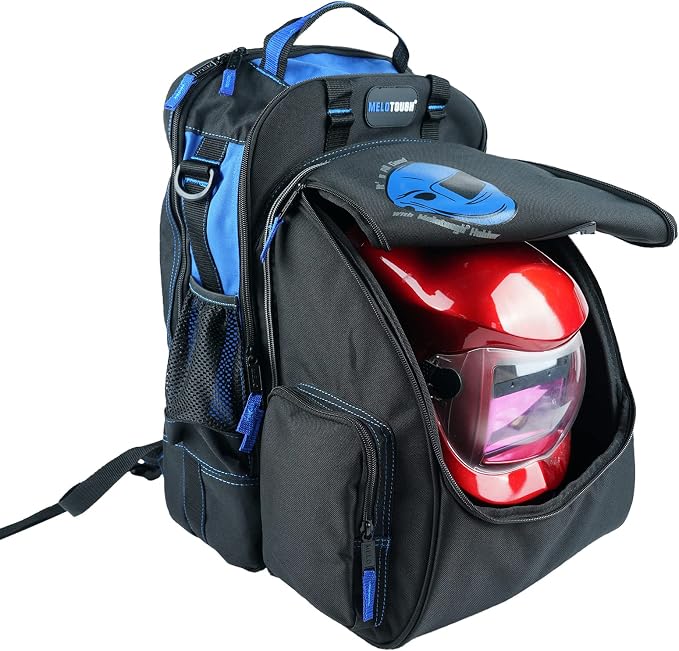 MELOTOUGH Electrician Tool Bag Welding Tool Backpack with Helmet Catch Heavy Duty Tool Organizer Bag for Electrician, Carpenter,Tradesman,Construction,HVAC,Welder (Blue)
