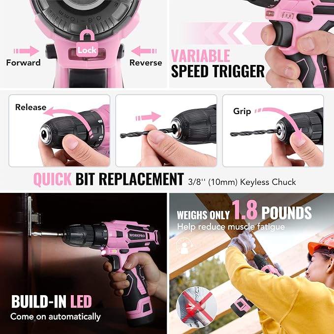 WORKPRO Pink Tool Set with Power Drill, 108PCS Portable Ladies Pink Drill Kit for Home with Toolbox and Hammer, 1.5 Ah Cordless Drills with Keyless Chuck and Variable Speed Trigger