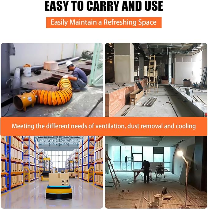10-Inch High-Velocity Portable Utility Blower Fan, Industrial Exhaust Fan with 16.4ft Flexible Duct Hose, 3150 RPM Low-Noise Ventilator for Basements, Workshops, Warehouses, and Confined Spaces