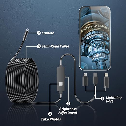 Kinpthy Endoscope Camera with Light,1920P HD Borescope Tools with 8 Adjustable LED Lights, Endoscope with Semi-Rigid Snake Camera, Inspection Borescope for iOS and Android-16.4ft Single Lens