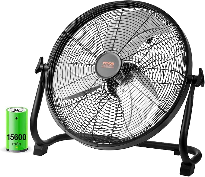 VEVOR 16'' Rechargeable Floor Fan, Portable Quiet Personal Fan for Home or Office, 360 Degree Manual Pivoting Head, Stepless Speed Regulation High Velocity, Heavy Duty Metal Industrial Cordless Fans